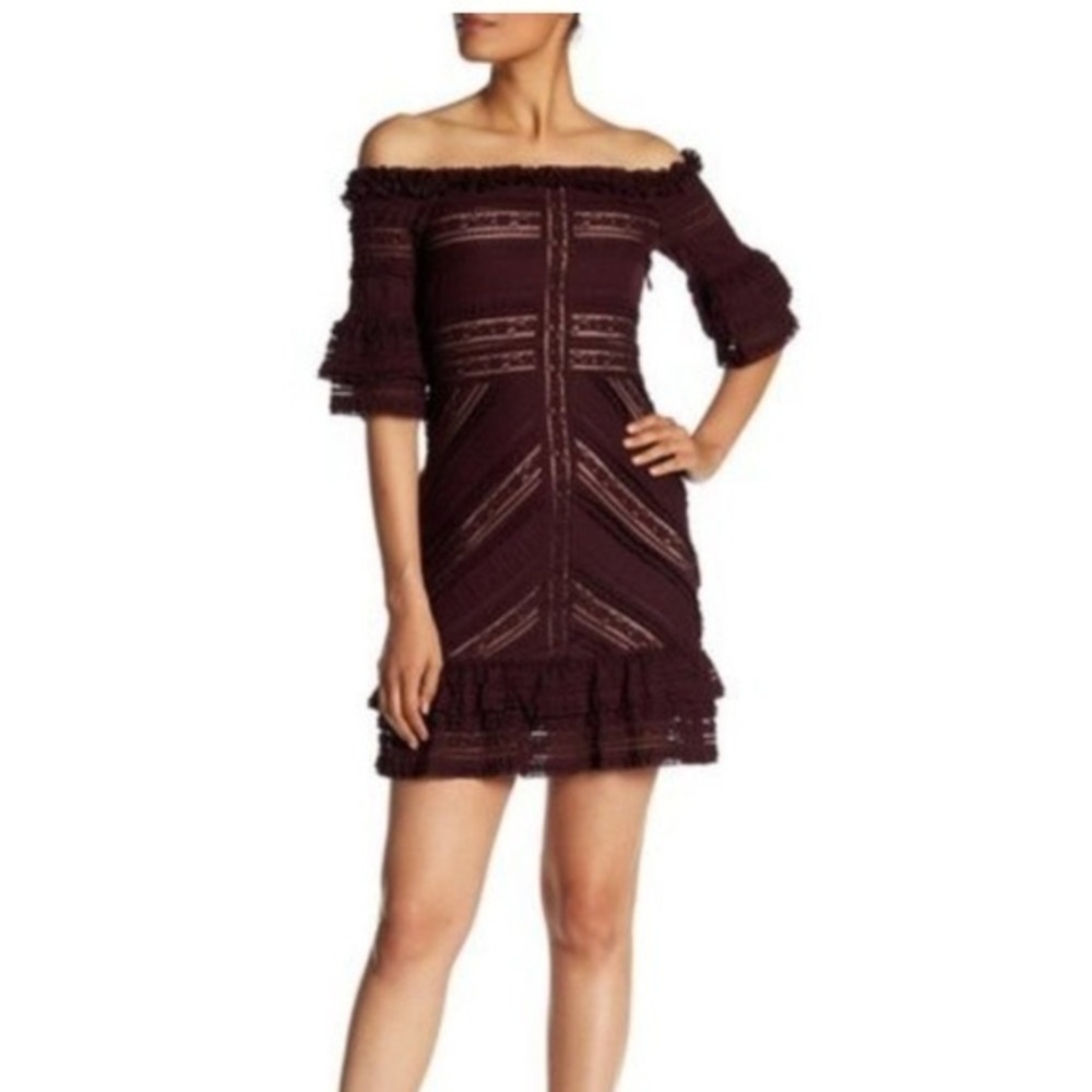 Cinq a Sept Dress Naya Mini Off The Shoulder Lace in Plum